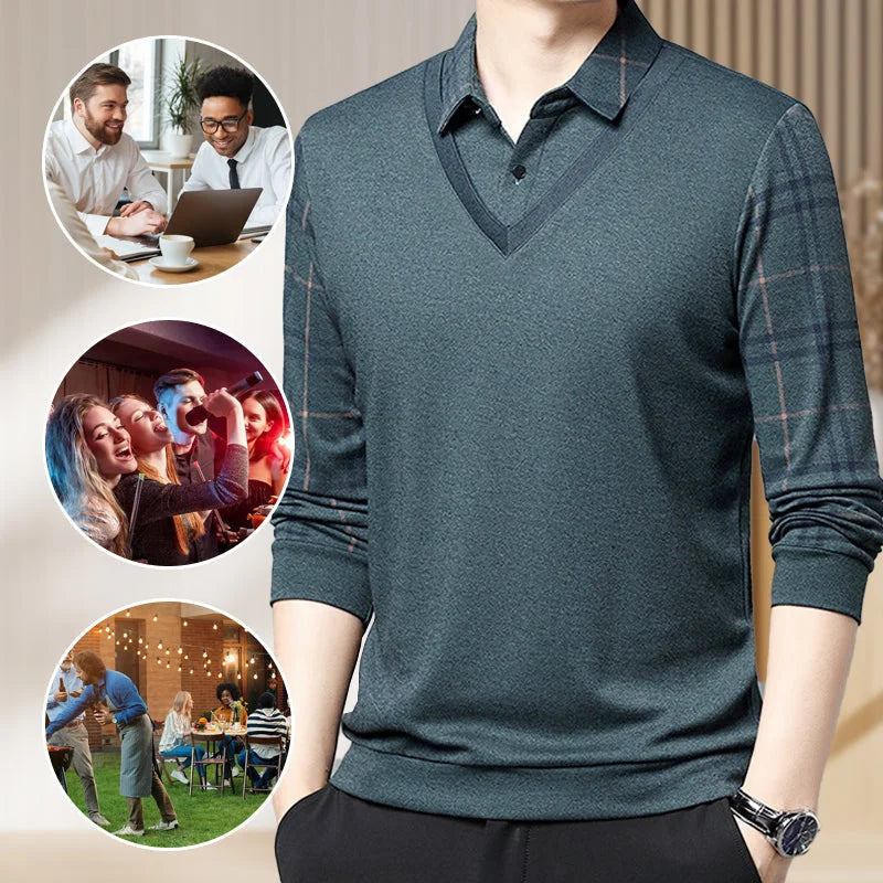 Men's Fake Two Piece Lapel Long-Sleeve Tops