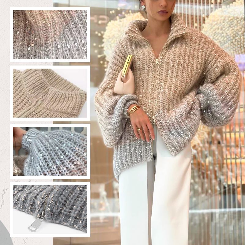 Women's Knitted Sweater With Sequins and Full Zipper