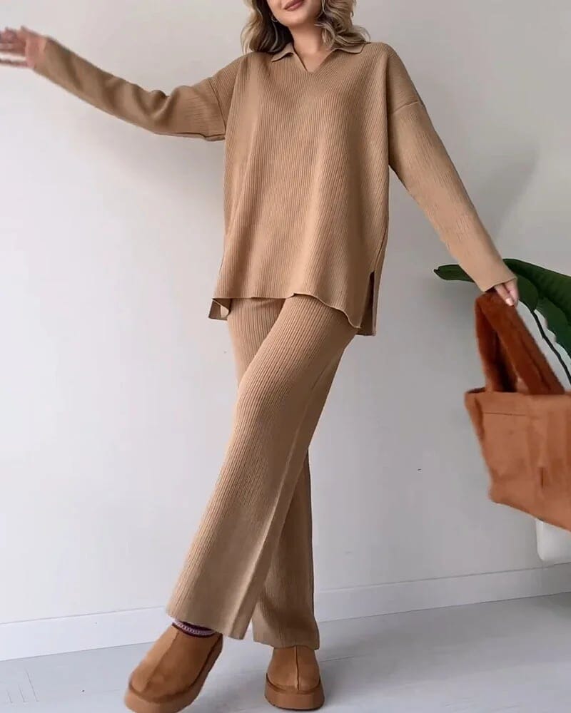 Casual V-neck slit knitted two-piece set Coord Set So-Comfy 