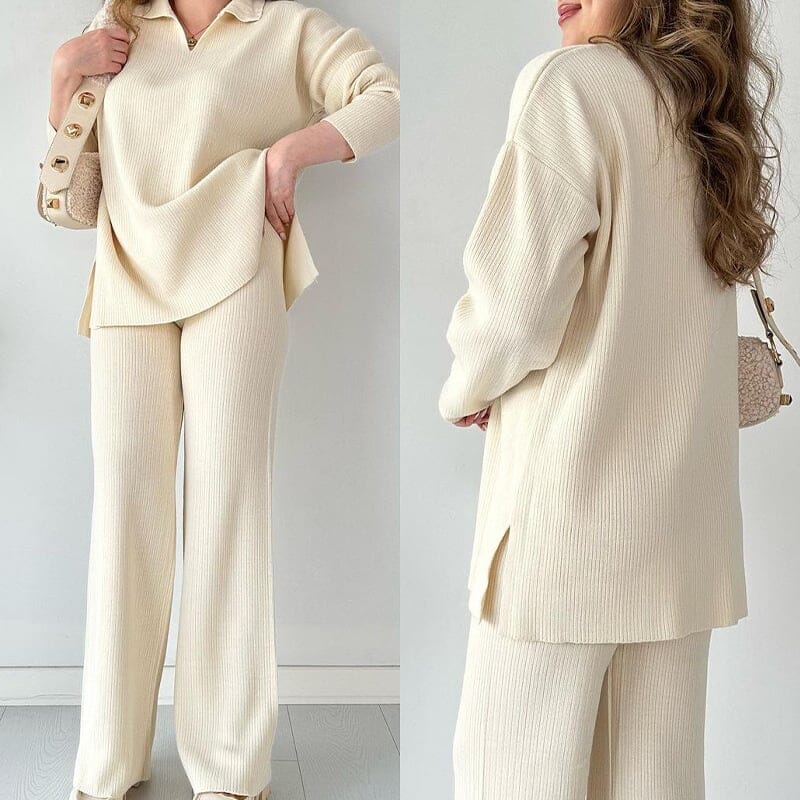 Casual V-neck slit knitted two-piece set Coord Set So-Comfy Beige M /UK 8-10 