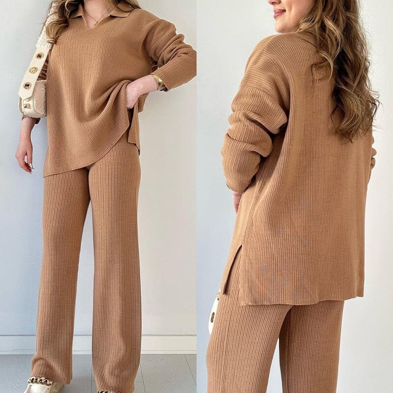 Casual V-neck slit knitted two-piece set Coord Set So-Comfy Brown M /UK 8-10 