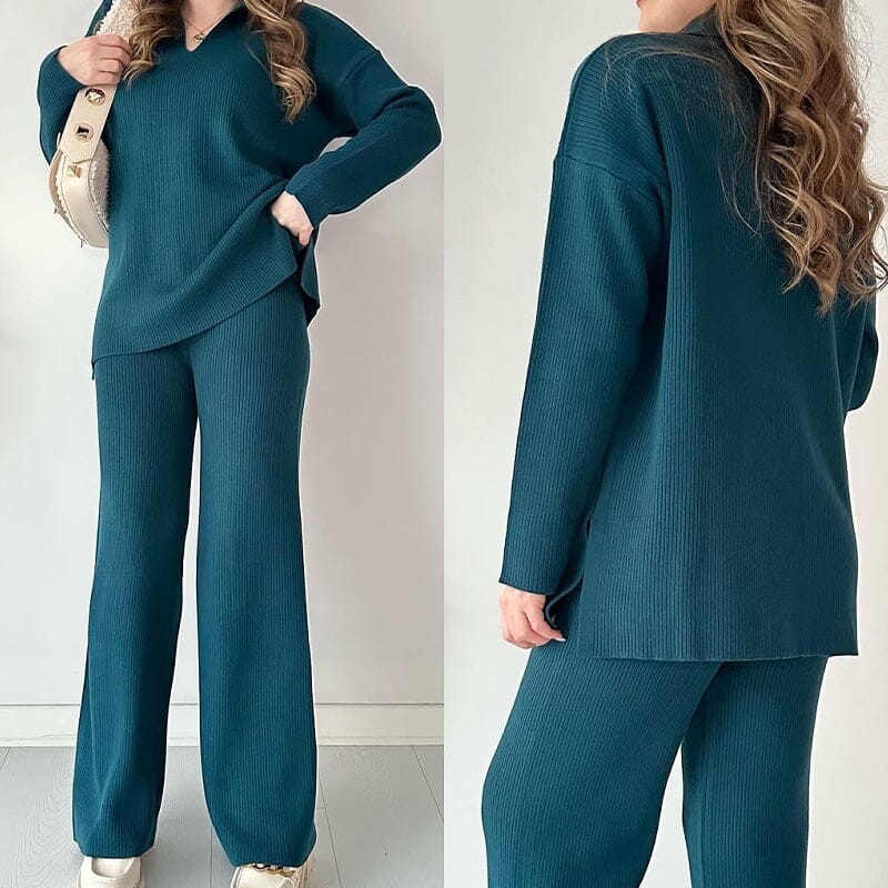 Casual V-neck slit knitted two-piece set Coord Set So-Comfy Green M /UK 8-10 