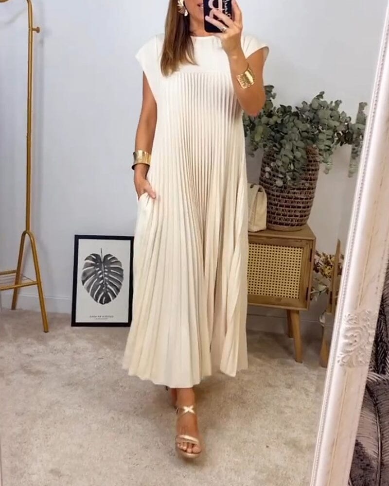 Sleeveless pleated simple solid color dress So-comfy 