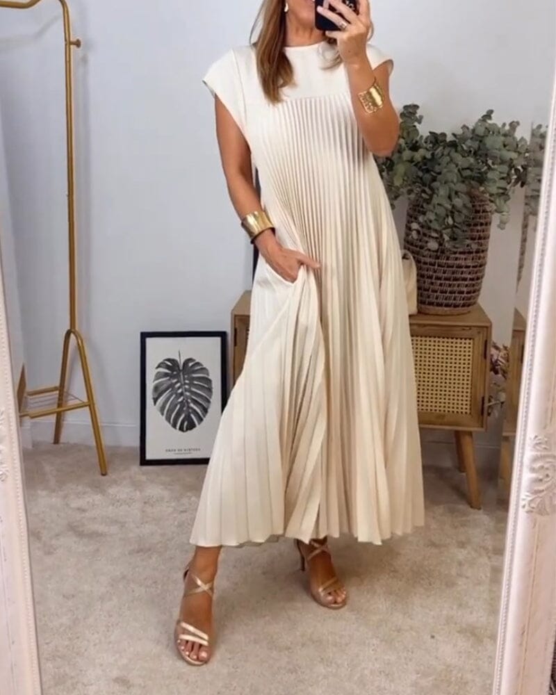 Sleeveless pleated simple solid color dress So-comfy Beige M 