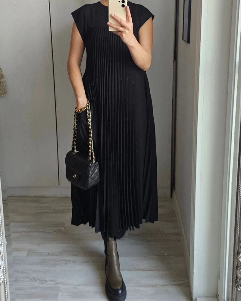 Sleeveless pleated simple solid color dress So-comfy Black S 