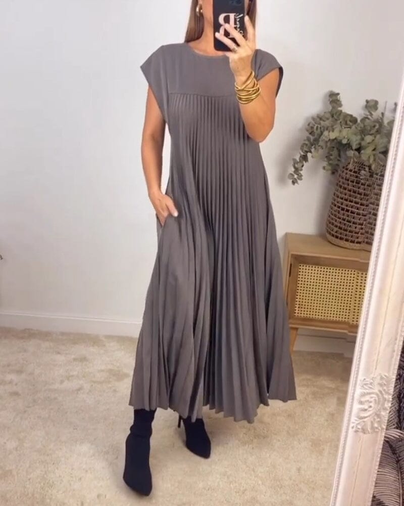 Sleeveless pleated simple solid color dress So-comfy Gray S 