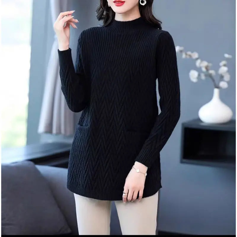 Women's mid-length half turtleneck sweater