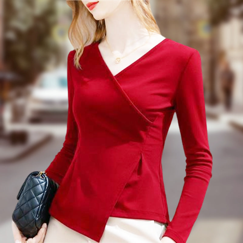 Women’s Long Sleeve V-Neck Solid Tops